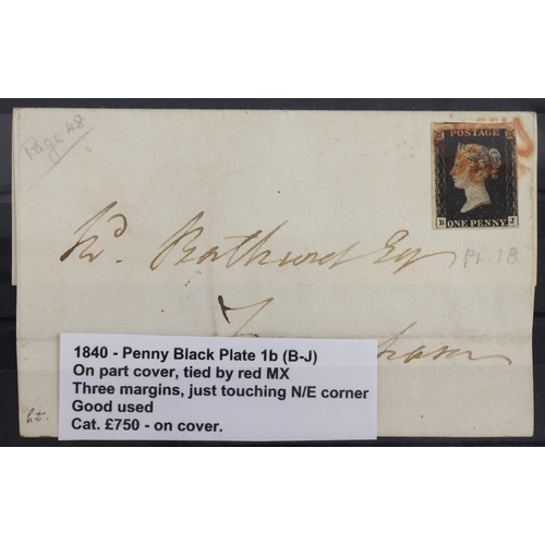 38 - GB - 1840 Penny Black Plate 1b (B-J) on part cover, tied by Red MX, three margins, just touching N/E... 