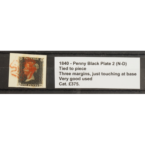 40 - GB - 1840 Penny Black Plate 2 (N-D) tied to piece, three margins, just touching at base, very good u... 