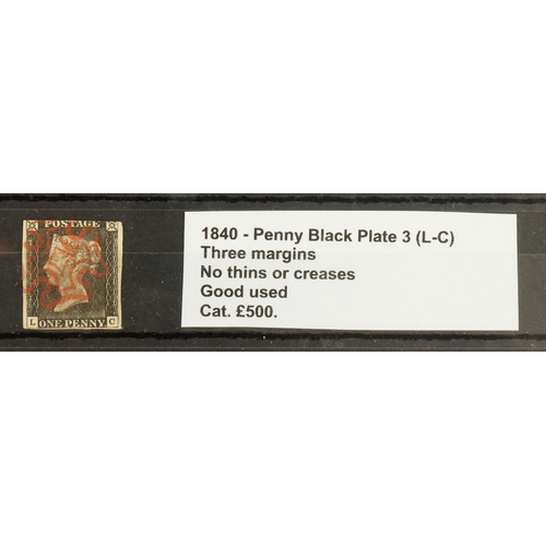 42 - GB - 1840 Penny Black Plate 3 (L-C) three margins, no thins or creases, Good used, cat £500