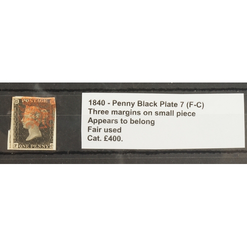 46 - GB - 1840 Penny Black Plate 7 (F-C) three margins on small piece, appears to belong, fair used cat £... 