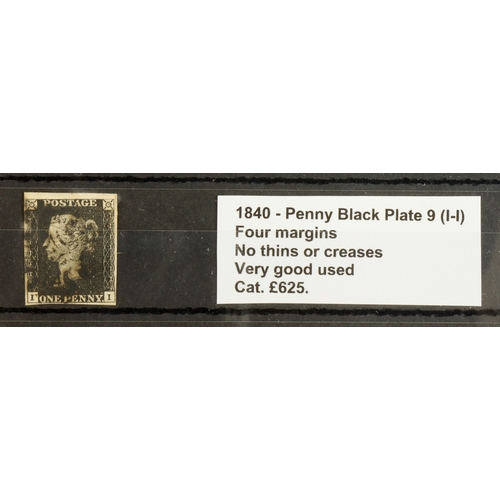 49 - GB - 1840 Penny Black Plate 9 (I-I) four margins, no thins or creases, very good used, cat £625