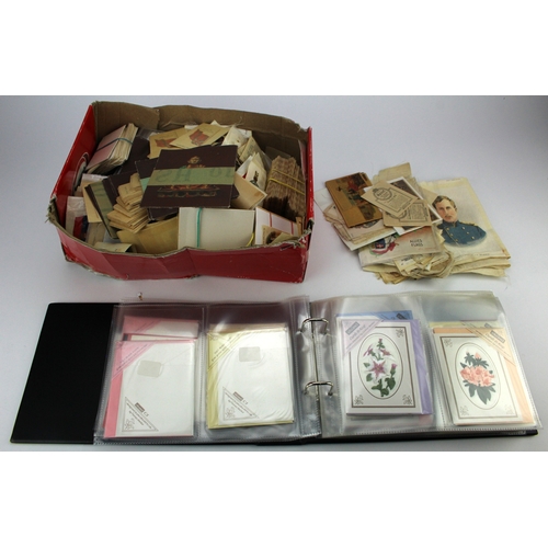 658 - Silks, large mixed assortment, blankets, canvas, etc includes uncut sheet of Great War Leaders & Cel... 