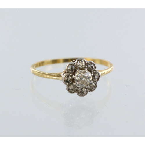 1 - Tests 18ct and stamped platinum diamond daisy cluster ring, nine round old cuts, total diamond weigh... 