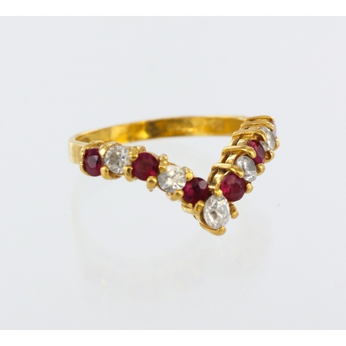 104 - 22ct yellow gold ruby and paste wishbone half eternity ring, finger size N, weight 4.3g