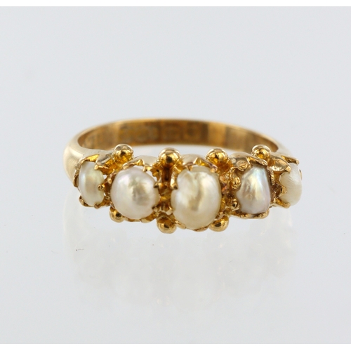 107 - 18ct yellow gold pearl ring, five graduated baroque pearls, hallmarked Birmingham 1906, finger size ... 