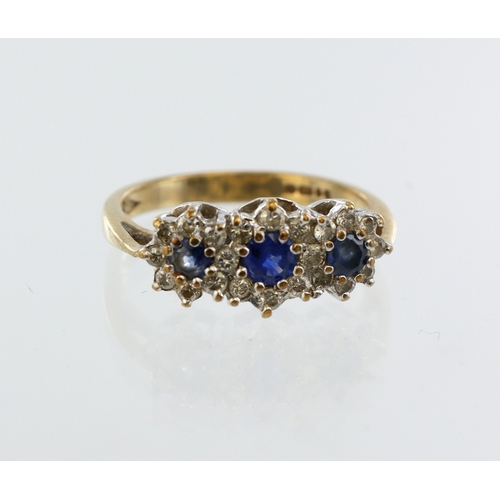 108 - 9ct yellow gold sapphire and diamond triple cluster ring, twenty two round brilliant cuts, total dia... 