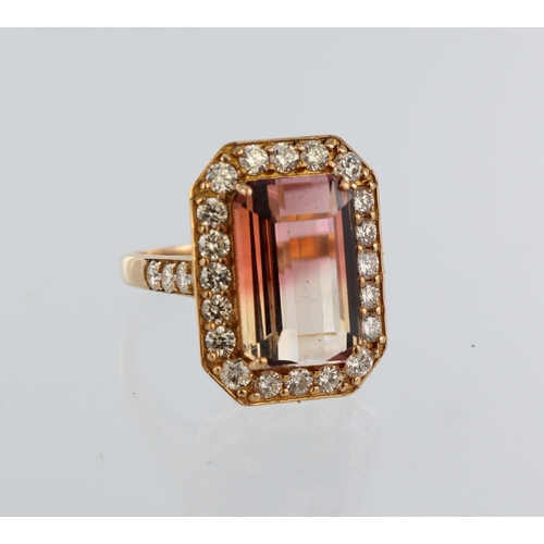 109 - 18ct rose gold bi colour tourmaline and diamond cluster dress ring, tourmaline measures 14mm x 8mm, ... 