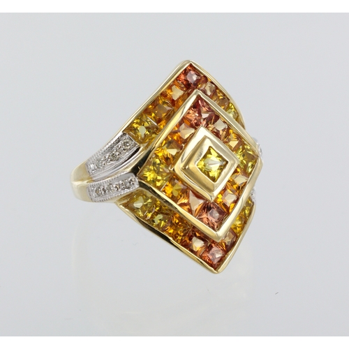 11 - Yellow metal (stamped 14ct) multi sapphire channel set dress ring with diamond accents, finger size ... 