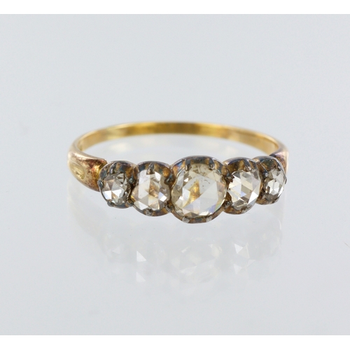 112 - Stamped 18ct yellow gold diamond ring, five round rose cuts, total diamond weight approx. 0.90ct, fi... 