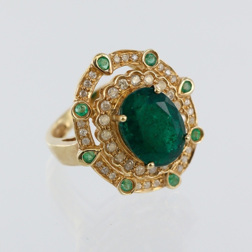 13 - 14ct yellow gold emerald and diamond fancy cluster ring, centre oval 11mm x 9mm emerald, fourty four... 