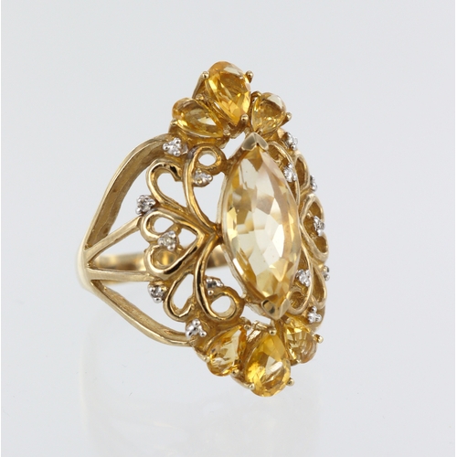 15 - 9ct yellow gold filigree dress ring, marquise and pear cut citrines, fourteen diamond accents, finge... 