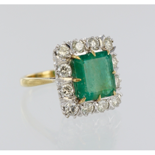 151 - Yellow metal (stamped 18ct ) emerald and diamond cluster ring, square cut emerald 10mm x 10mm, surro... 