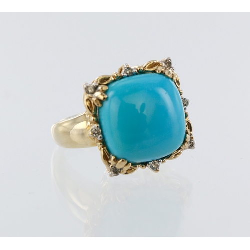 155 - 14ct yellow gold faux turquoise and diamond dress cluster ring, cushion shaped faux turquoise caboch... 