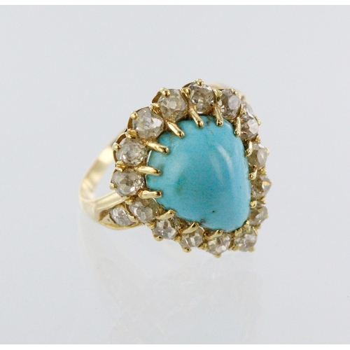 176 - Yellow metal (tests 18ct) turquoise and diamond ring, pear shaped turquoise cabochon measuring 12mm ... 