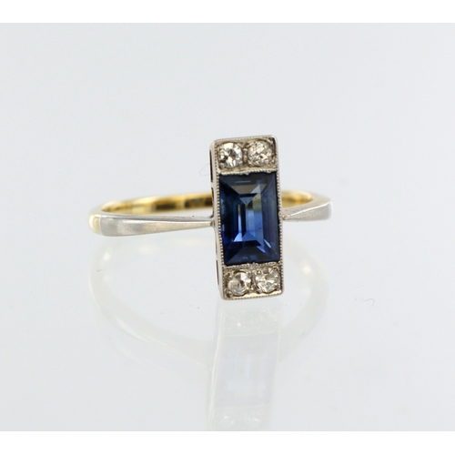 188 - Yellow and white metal (tests 18ct and platinum) sapphire and diamond Art Deco style ring, single sa... 