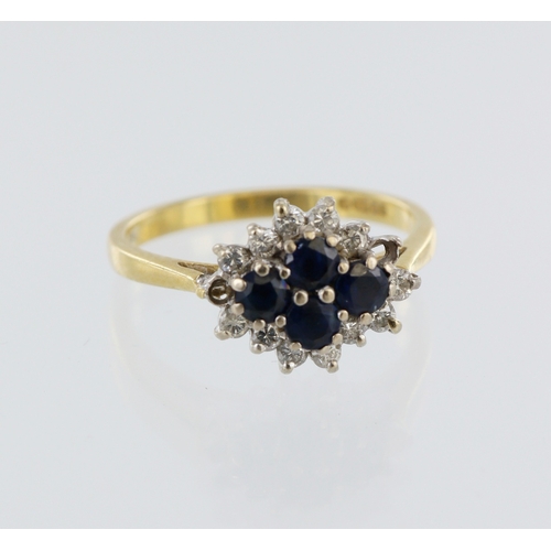 192 - 18ct yellow gold sapphire and diamond cluster ring, four round sapphires and twelve round brilliant ... 