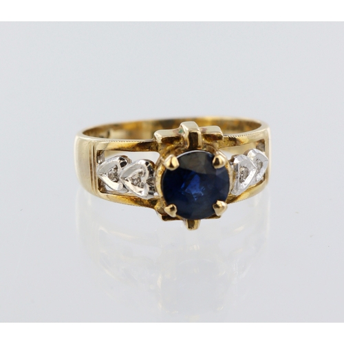 194 - Yellow metal (stamped 14ct) sapphire and diamond ring, round 6mm diameter sapphire, four round diamo... 