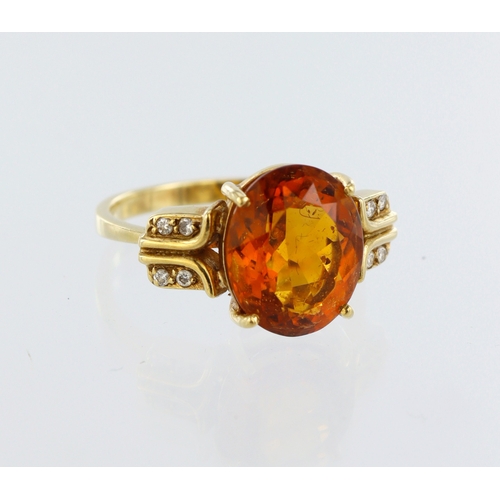 195 - Yellow metal (stamped 18ct) citrine and diamond dress ring, citrine approx. 12mm x 10mm, total diamo... 