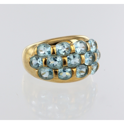 2 - 18ct yellow gold dress ring, thirteen oval blue topaz, finger size Q, weight 8.5g