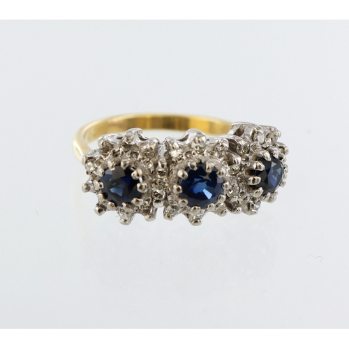 202 - 18ct yellow gold sapphire and diamond triple cluster ring, three 3mm diameter round sapphires, twent... 