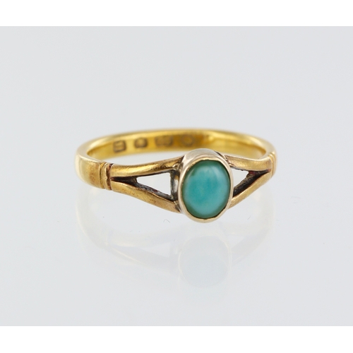 203 - 22ct yellow gold turqoise ring, oval cabochon, hallmarked London 1892, finger size M, weight 3.1g