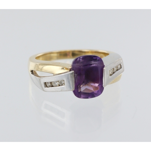 205 - 14ct yellow and white gold amethyst and diamond dress ring, cushion cut amethyst 10mm x 8mm, six cha... 