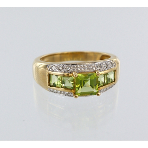 225 - 9ct yellow gold peridot and diamond ring, five princess cut peridot, six round brilliant cuts, total... 