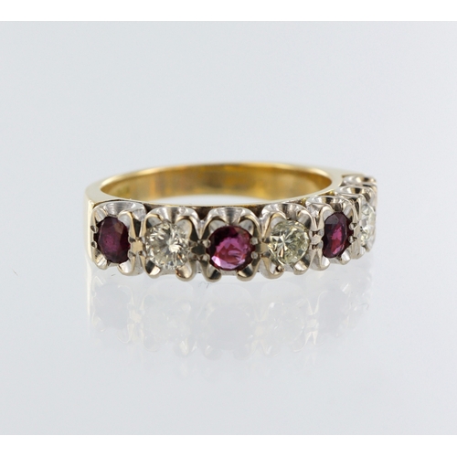 235 - 18ct yellow gold ruby and diamond half eternity ring, four round rubies and three round brilliant cu... 