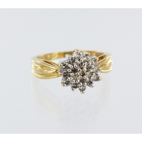 272 - 18ct yellow gold three tier diamond cluster ring, nineteen round brilliant cuts, total diamond weigh... 