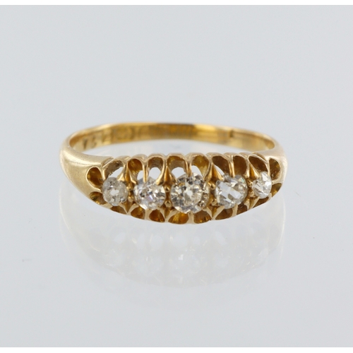 273 - 18ct yellow gold diamond boat shaped ring, five round old cuts, total diamond weight approx. 0.30ct