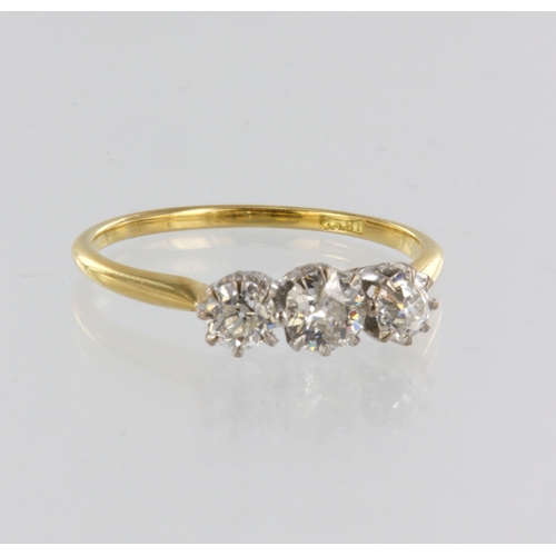 274 - Yellow metal (stamped 18ct) diamond trilogy ring, three round old cuts, total diamond weight approx,... 