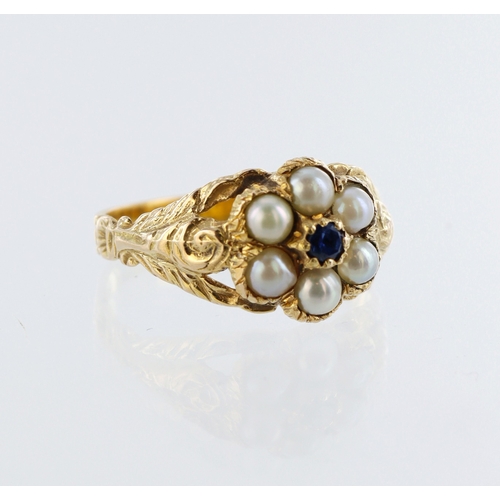 30 - Yellow metal pearl and sapphire cluster ring, finger size L, weight 2.7g