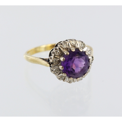 35 - 18ct yellow gold amethyst and diamond cluster ring, 7mm diameter amethyst, twelve round single cuts,... 