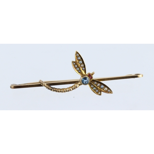 402 - 9ct yellow gold dragonfly bar brooch set with blue topaz and seed pearls, 6cm length, weight 4.6g