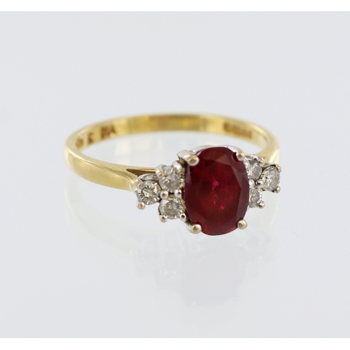 43 - 18ct yellow gold ruby and diamond ring, centre oval ruby 8mm x 6mm, three round brilliant cuts eithe... 