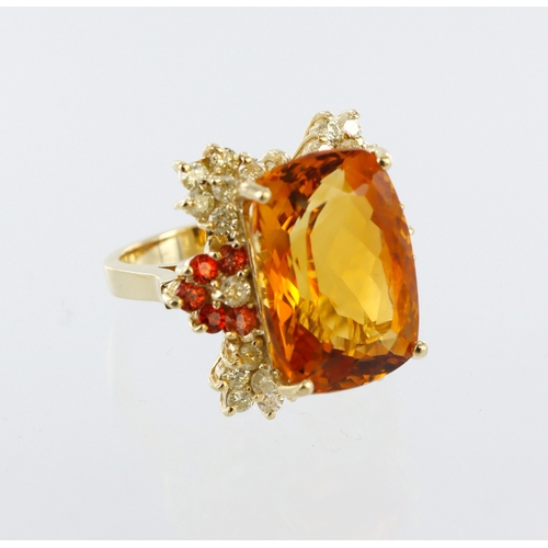 49 - 14ct yellow gold citrine and diamond dress ring, central mixed cut citrine 18mm x 13mm, ten round or... 