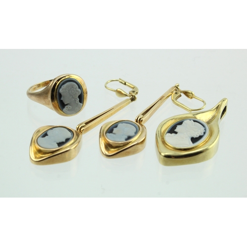 492 - Suite of yellow metal jewellery (tests 14ct) pendant drop earrings and ring with cameo, ring finger ... 