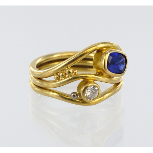 54 - 18ct yellow gold sapphire and diamond ring, cushion shaped sapphire 6mm x 4.5mm, two round brilliant... 