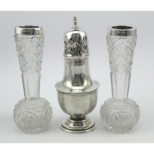 561 - Silver sugar caster/sifter, hallmarked EV Sheffield 1959, plus two silver mounted glass flower tubes... 