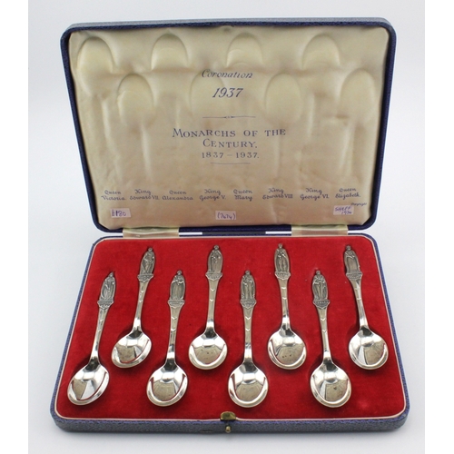 562 - Silver. A cased set of eight silver Monarchs of the Century 1837 - 1937 teaspoons, hallmarked 'GB&S,... 