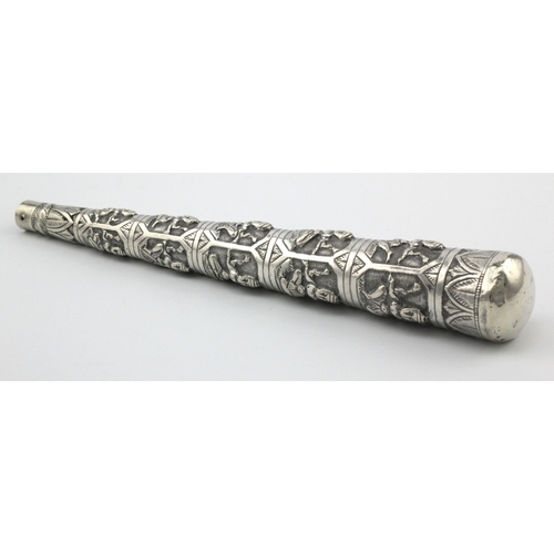 567 - Indian, unmarked silver parasol handle with wooden innards. Gross weight of handle 6oz approx.