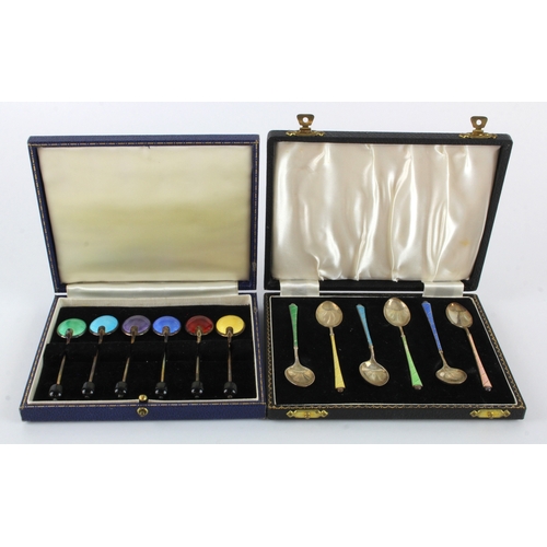 578 - Spoons. Two cased sets of silver & enamel tea and coffee spoons, silver weight 3.7oz. approx.