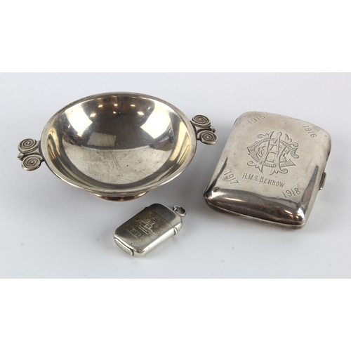 588 - WWI Silver hallmarked cigarette case, engraved to lid 'H.M.S. Benbow', together with a silver vesta ... 