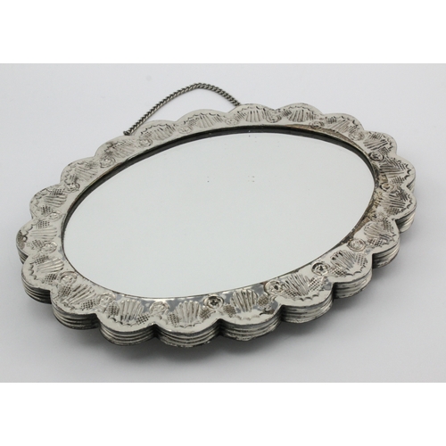 593 - Turkish .925 grade silver backed hanging mirror, stamped EYOP 925. Measures 202 x 160mm approx, gros... 