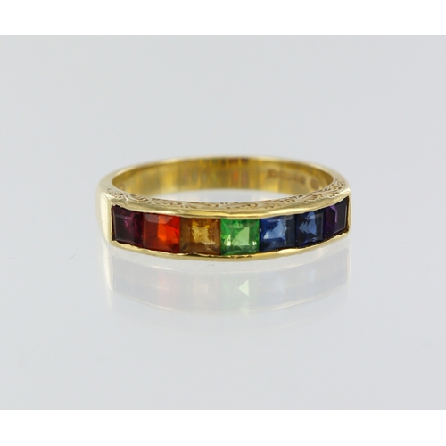 61 - 18ct yellow gold multi gemstone channel set half eternity ring, finger size O, weight 3.7g