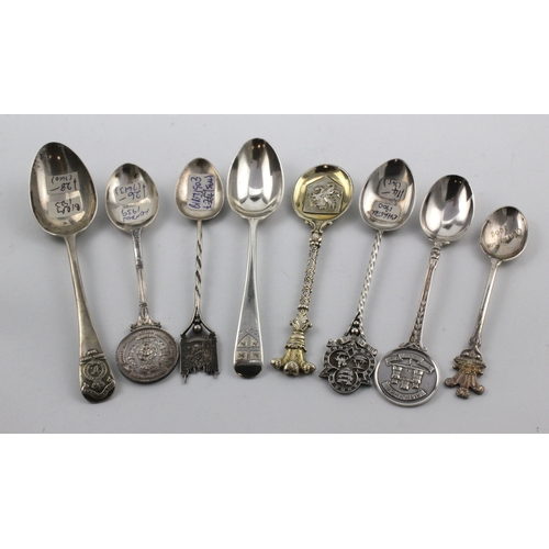 615 - Silver Teaspoons. A collection of eight silver souvenir teaspoons, including Duke of Yorks Royal Dov... 