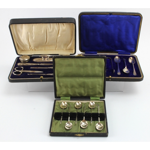 627 - Three boxed sets of mainly silver items, comprising six silver coffee spoons hallmarked W&H Sheffiel... 