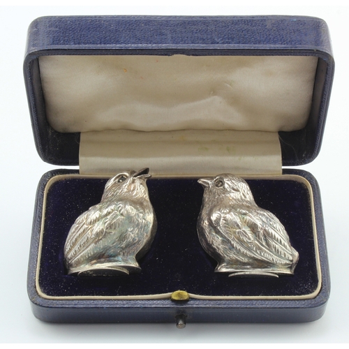 631 - Well made Sampson & Morden silver chick salt & pepper set, hallmarked SM & Co. Chester 1911, some ma... 