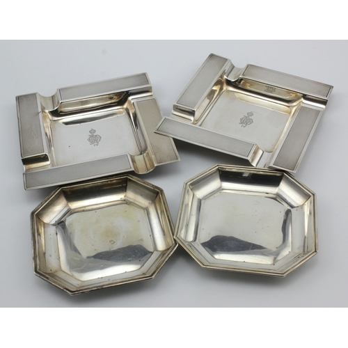 633 - Silver Ashtrays. A collection of four silver hallmarked ashtrays, two engraved with possible Royal i... 