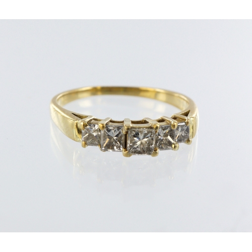 65 - Yellow metal (stamped 18ct) diamond half eternity ring, five princess cuts in claw settings, total d... 